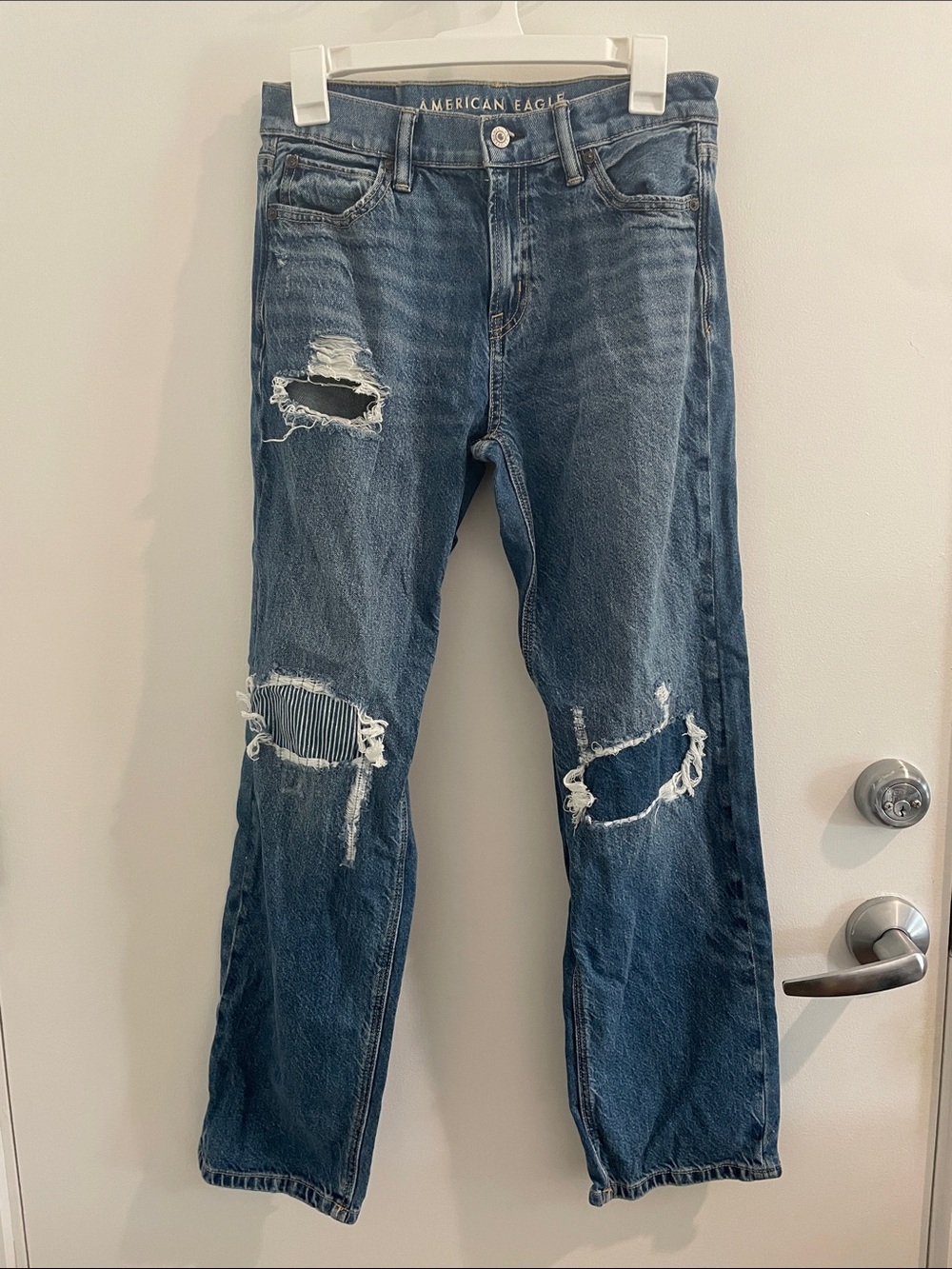 American Eagle Outfitters Blue Distressed Straight-Leg Jeans